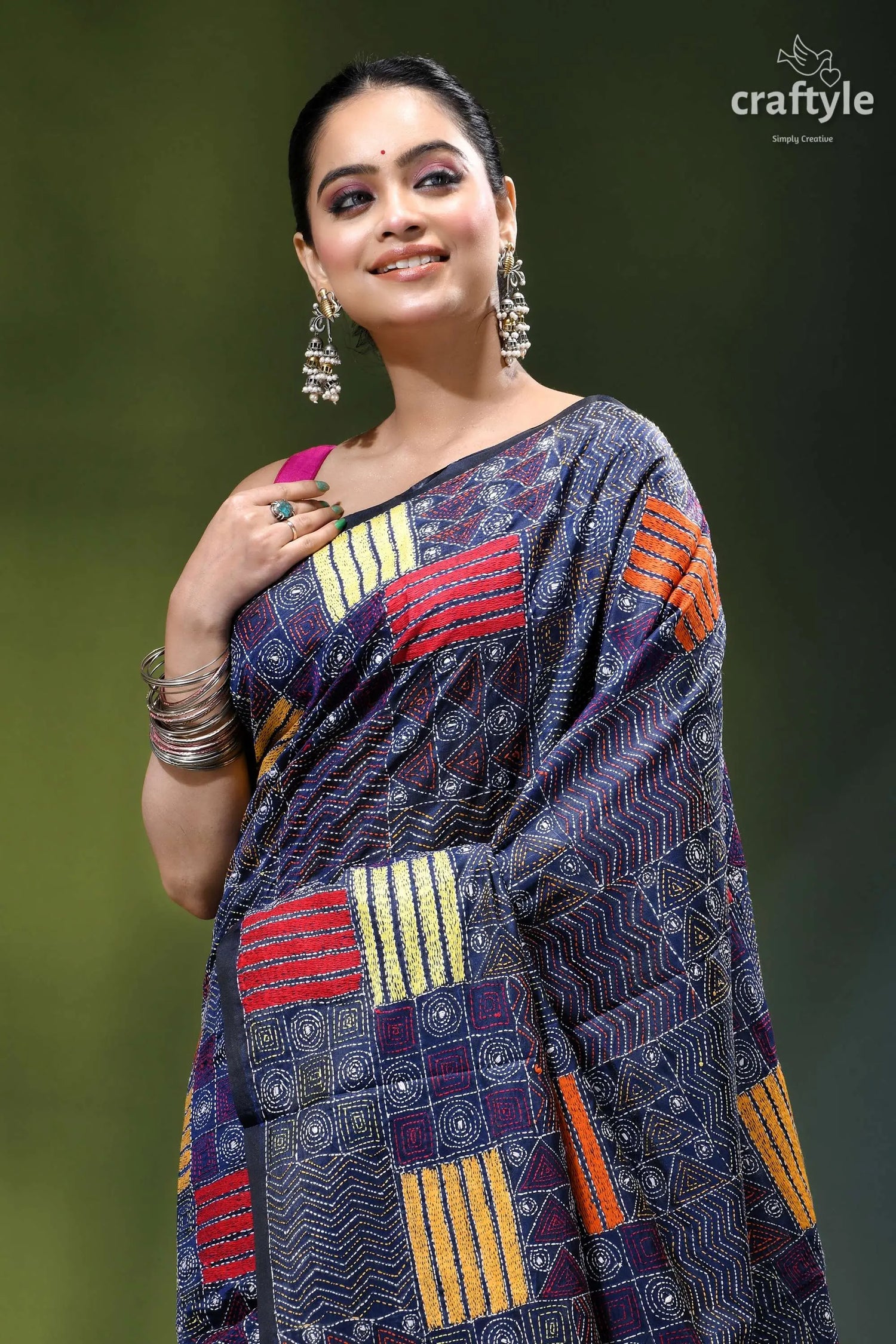 Geometric pattern multicolor silk kantha saree in midnight blue woman wears dark blue saree 2