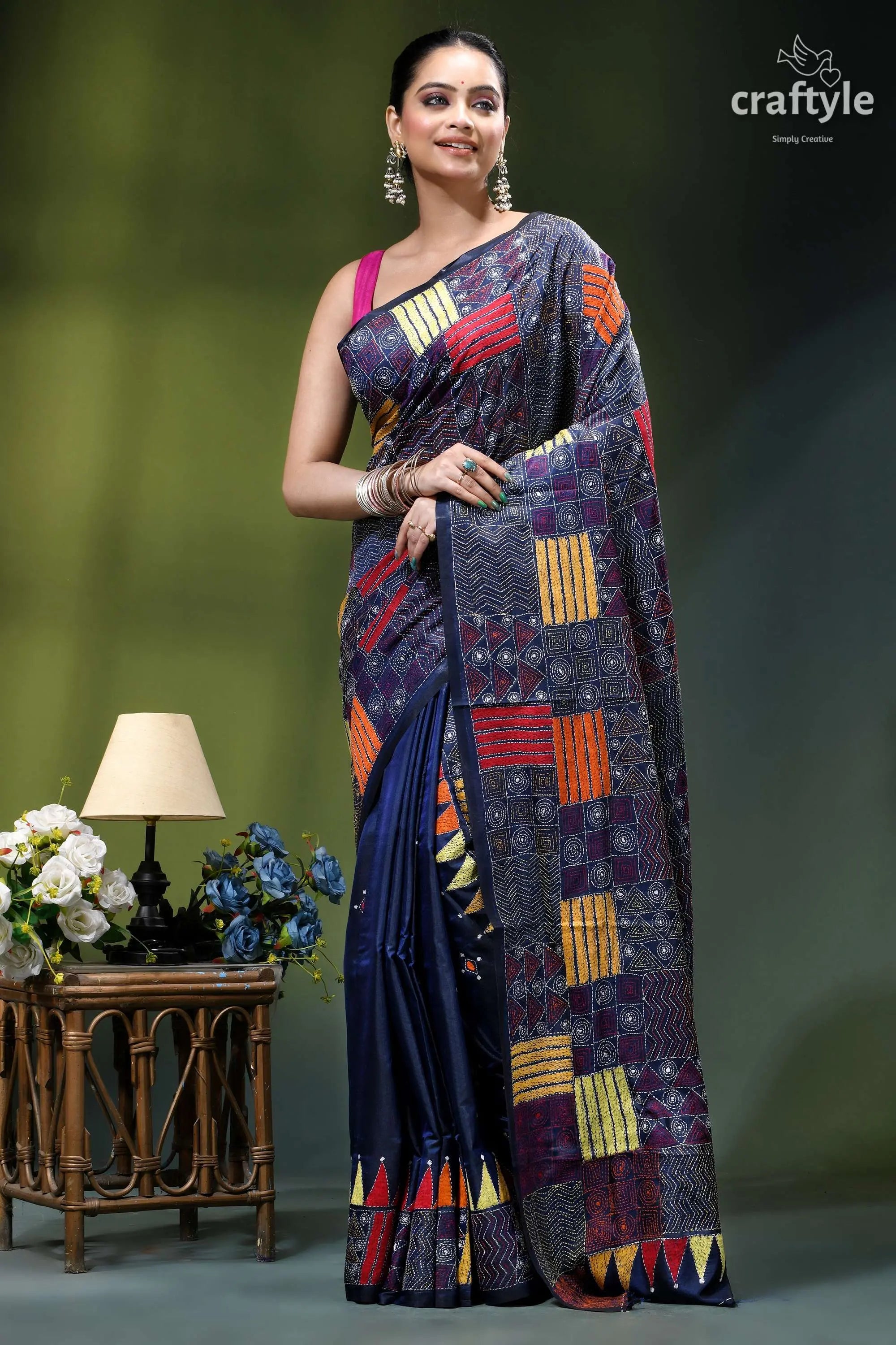 Geometric pattern multicolor silk kantha saree in midnight blue woman wears navy blue purple 6