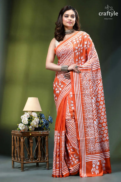 Giants orange classic silk kantha work saree - hand embroidery vibrant orange white patterned saree 6