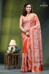 Giants orange classic silk kantha work saree - hand embroidery vibrant orange white patterned saree 1