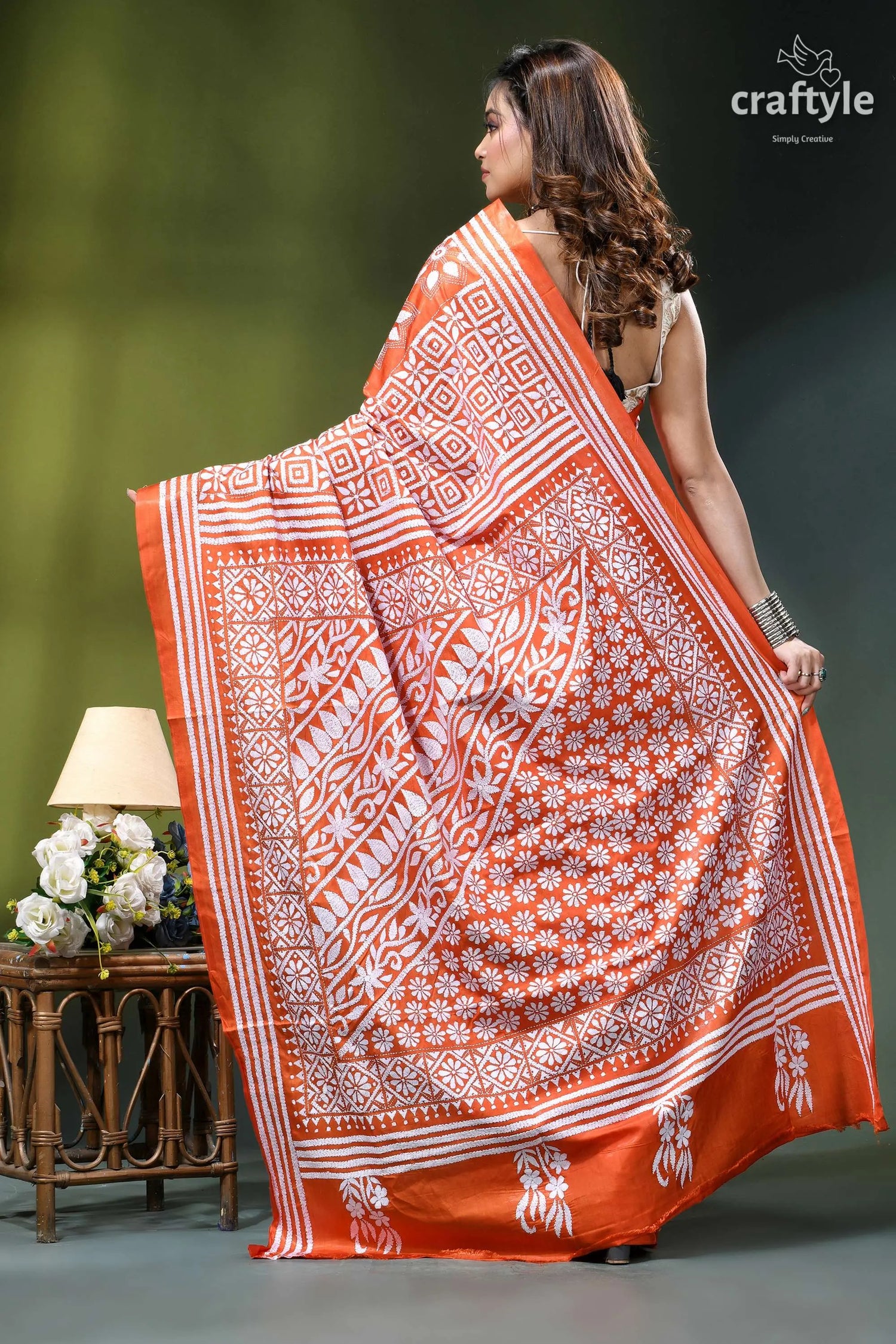 Giants orange classic silk kantha work saree - hand embroidery orange white patterned saree intricate 5
