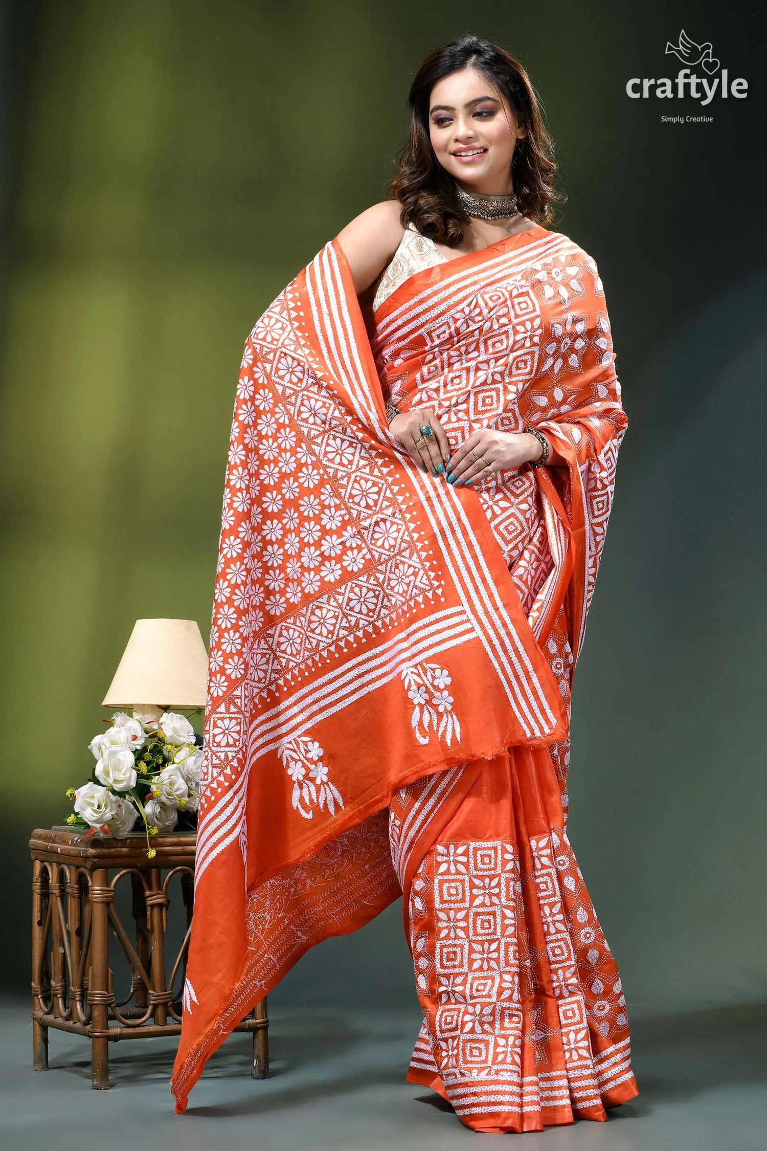 Giants orange classic silk kantha work saree - hand embroidery vibrant orange saree intricate white 4