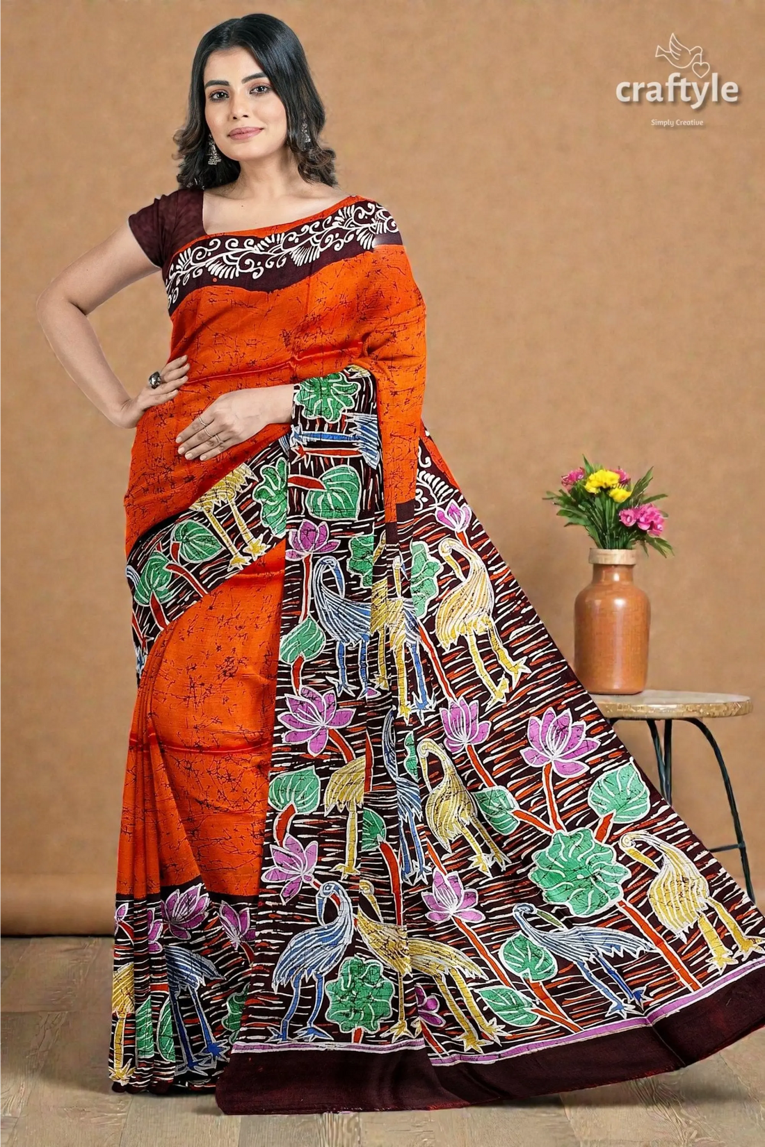 Giants orange floral bird motif hand batik pure mulberry silk saree 1