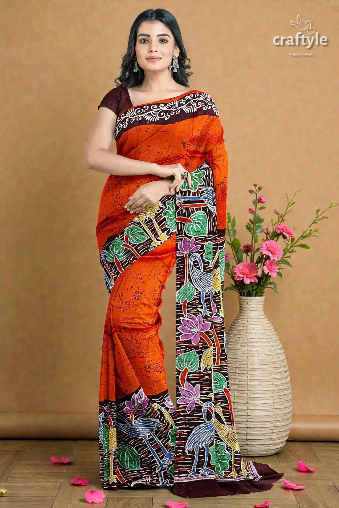 Giants orange floral bird motif hand batik pure mulberry silk saree 2