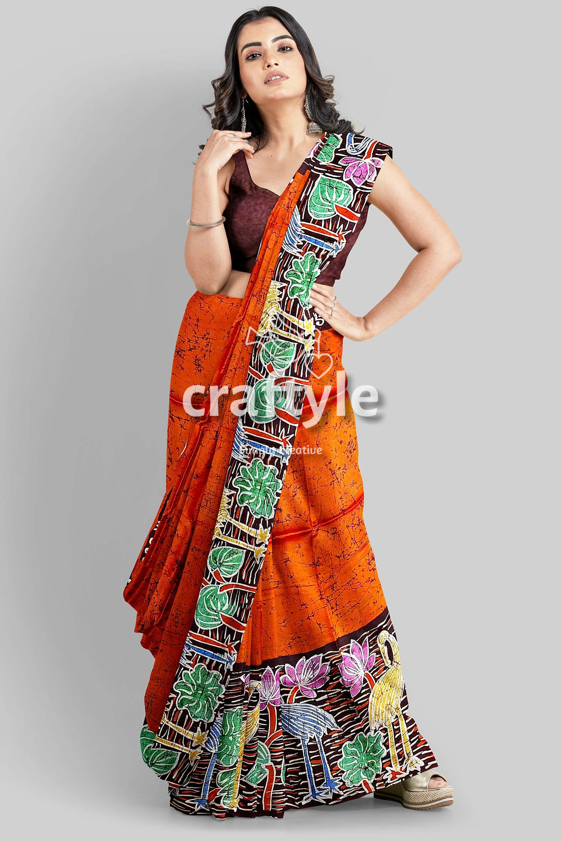 Giants Orange Floral Bird Motif Hand Batik Pure Mulberry Silk Saree - Craftyle