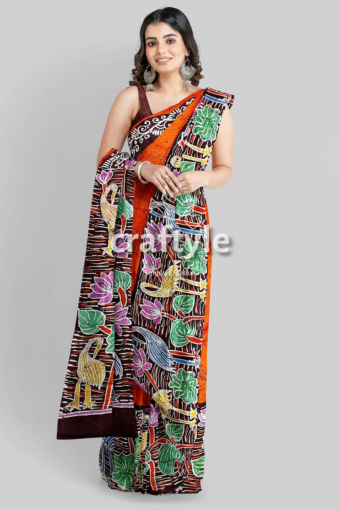 Giants Orange Floral Bird Motif Hand Batik Pure Mulberry Silk Saree - Craftyle