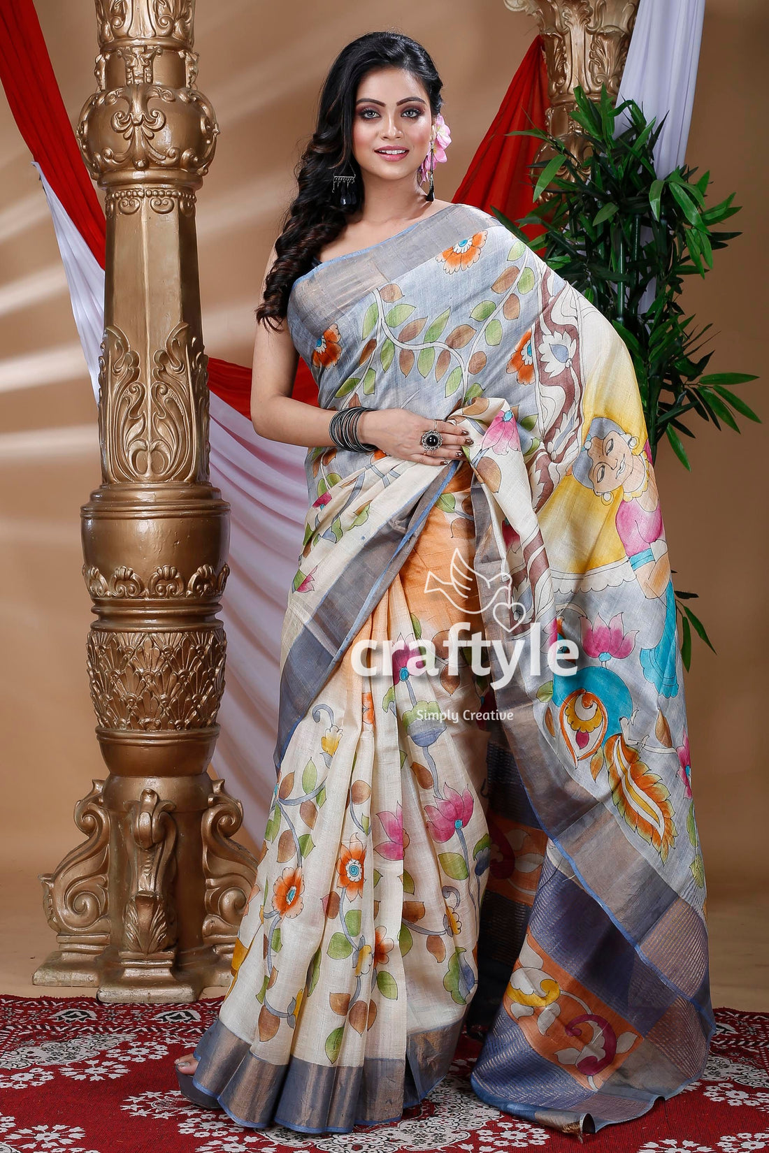 Goddess Design Handcrafted Zari Border Pure Tussar Kalamkari Sari - Craftyle