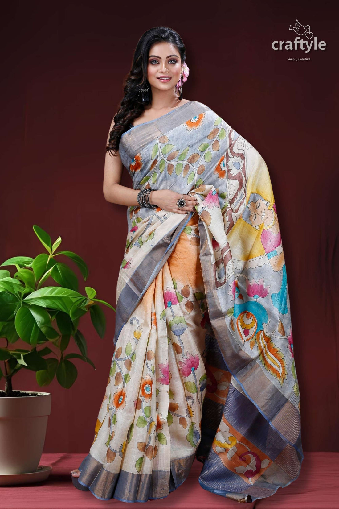 Goddess Design Handcrafted Zari Border Pure Tussar Kalamkari Sari-Craftyle