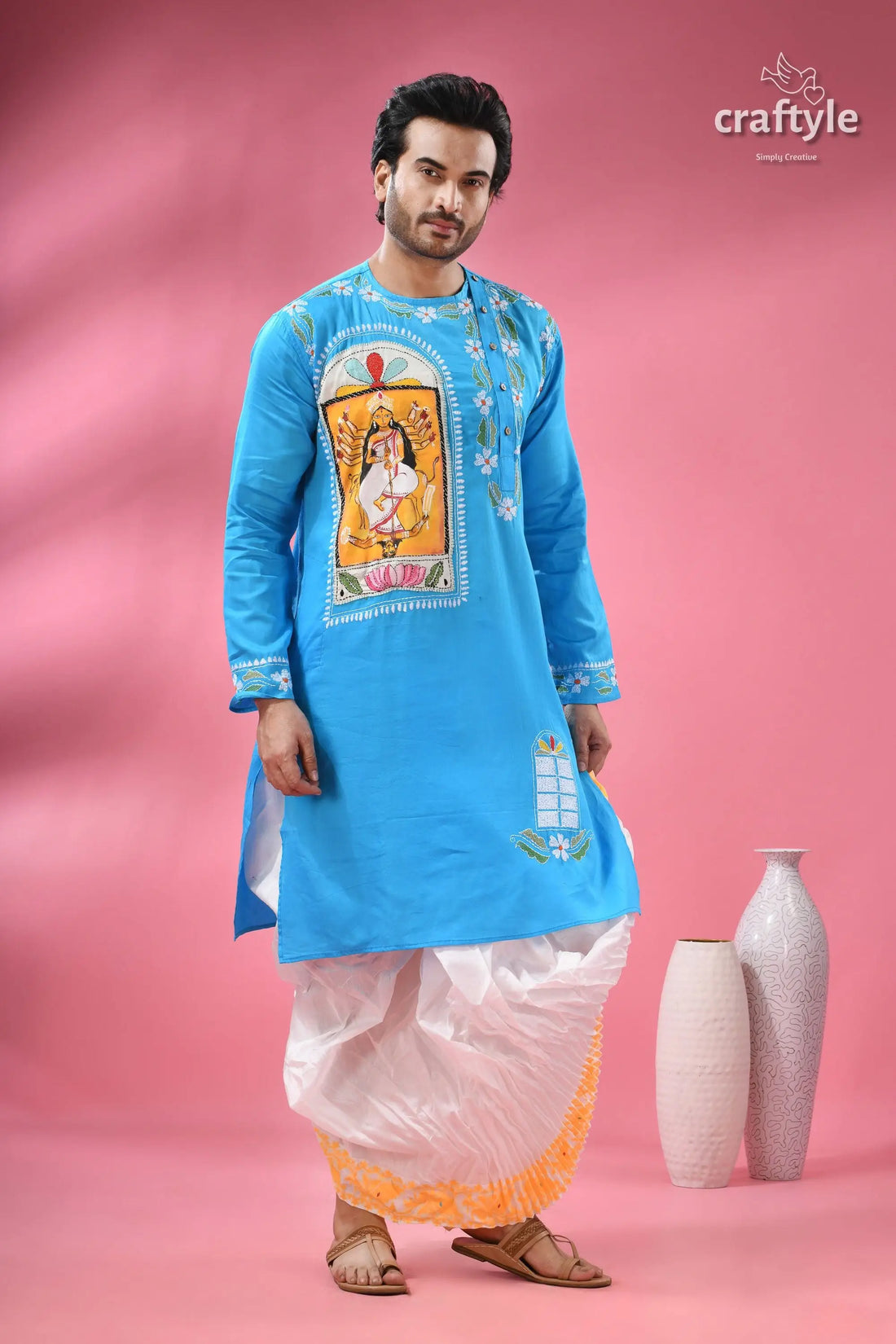 Goddess durga ma hand painted kantha sticth panjabi for men men’s light blue kurta traditional 1