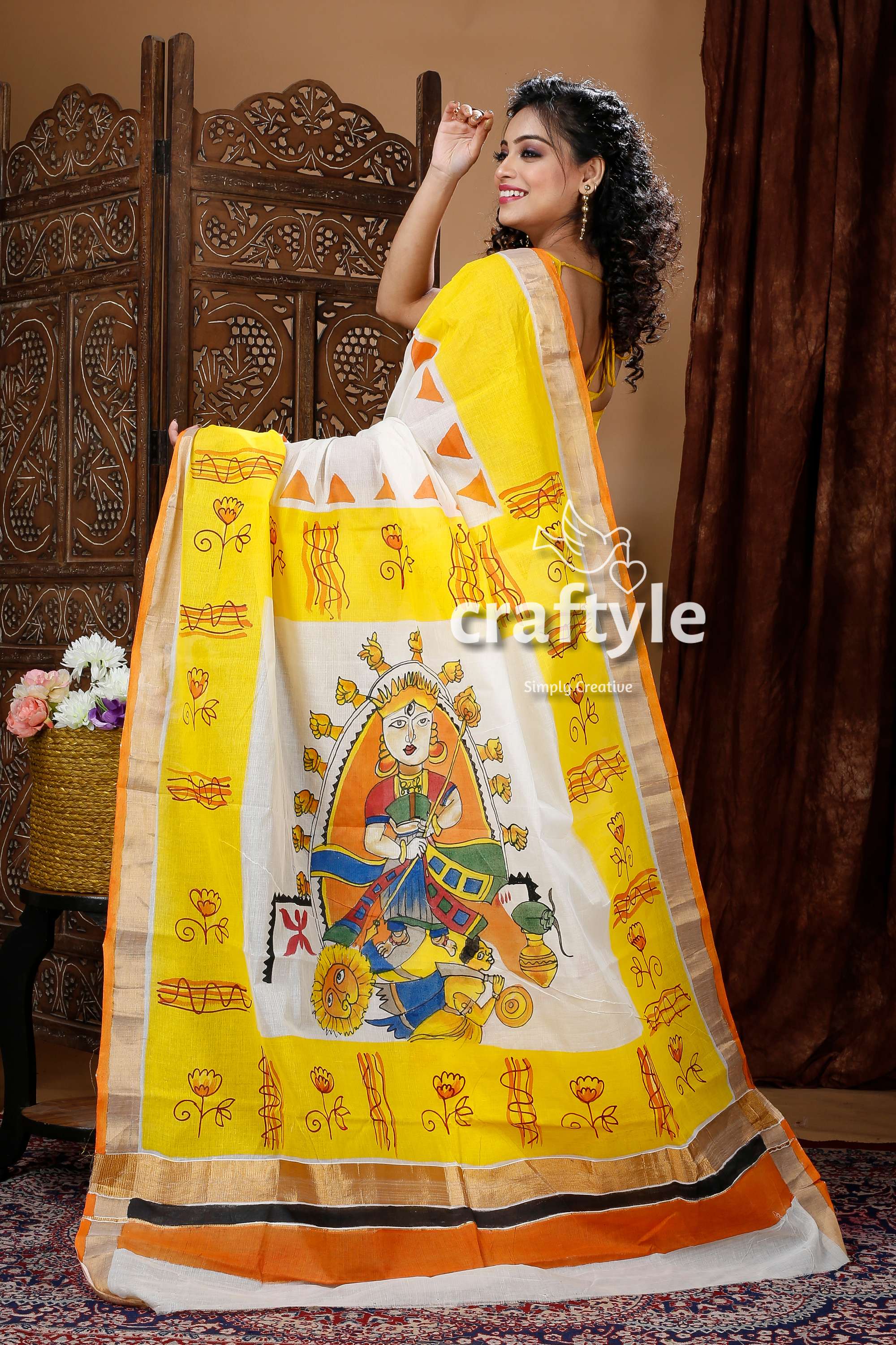 Goddess Ma Durga Hand Painted Yellow Kerala Cotton Saree-Craftyle