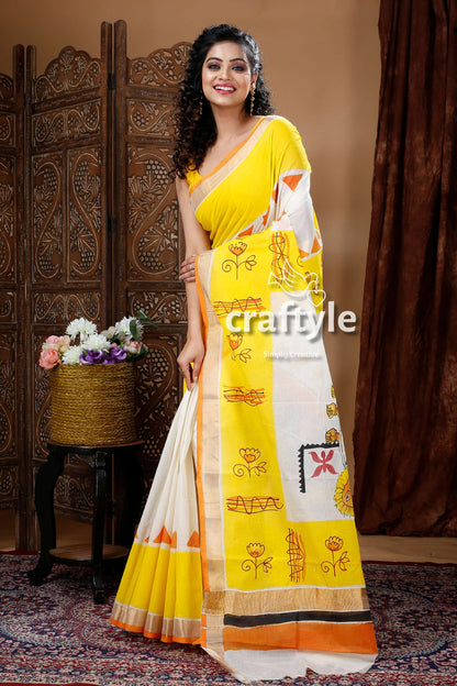 Goddess Ma Durga Hand Painted Yellow Kerala Cotton Saree-Craftyle
