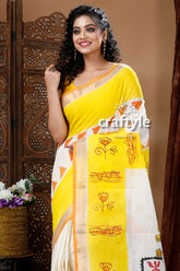 Goddess Ma Durga Hand Painted Yellow Kerala Cotton Saree-Craftyle