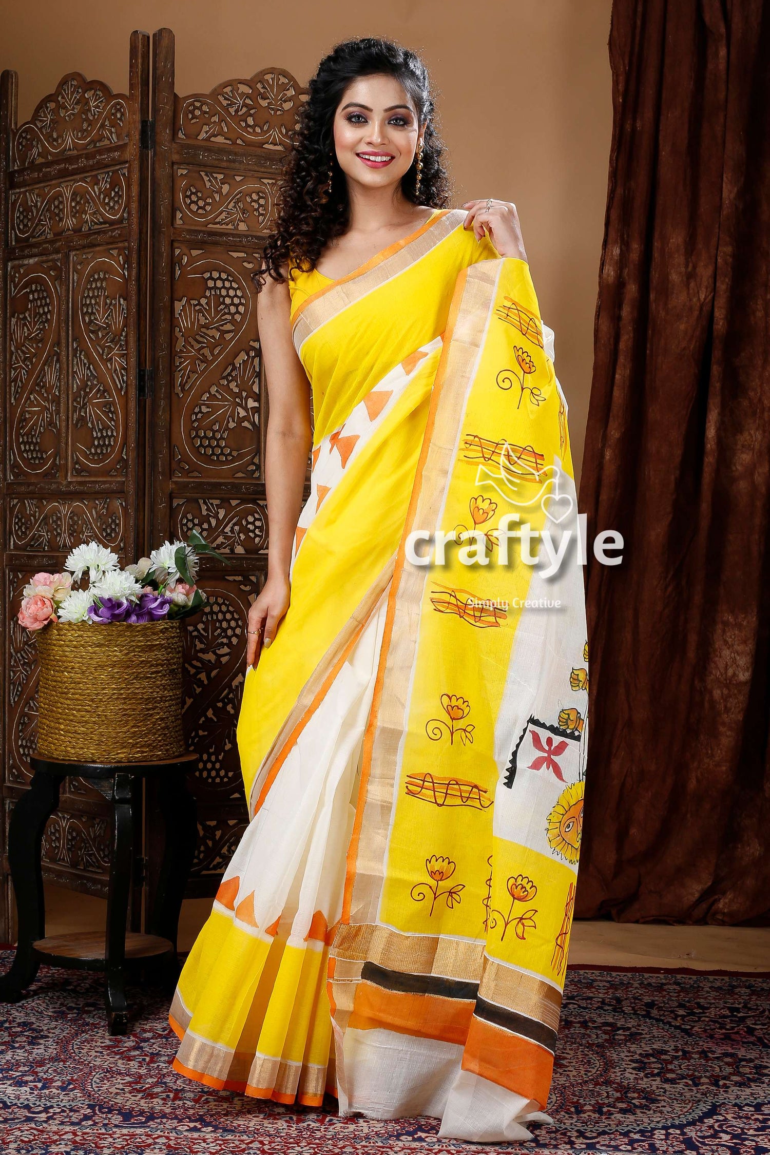 Goddess Ma Durga Hand Painted Yellow Kerala Cotton Saree-Craftyle