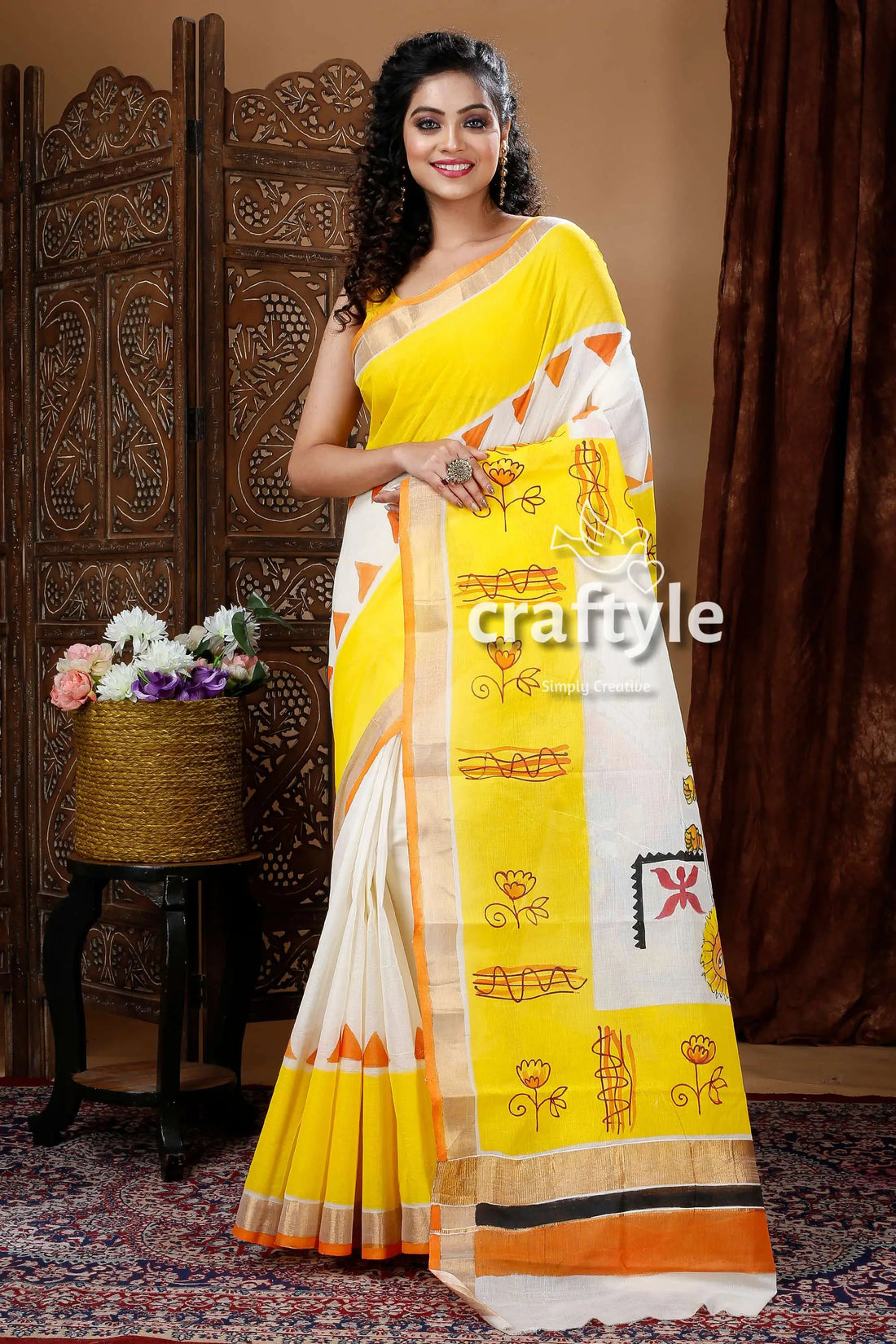 Goddess ma durga hand painted yellow kerala cotton saree woman yellow white saree 1