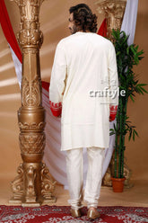 Goddess ma durga kantha stitch hand embroidery gents kurta white red embroidered cuffs 4