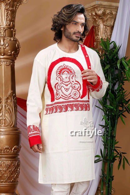 Goddess ma durga kantha stitch hand embroidery gents kurta white intricate red 2