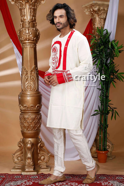 Goddess ma durga kantha stitch hand embroidery gents kurta white red embroidered pants 3