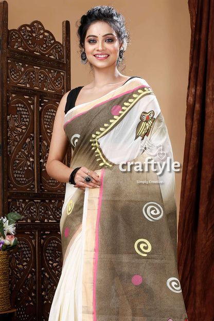 Goddess Ma Laxmi Hand Painted Kerala Cotton Saree-Craftyle