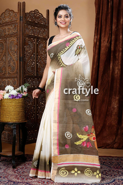 Goddess Ma Laxmi Hand Painted Kerala Cotton Saree-Craftyle