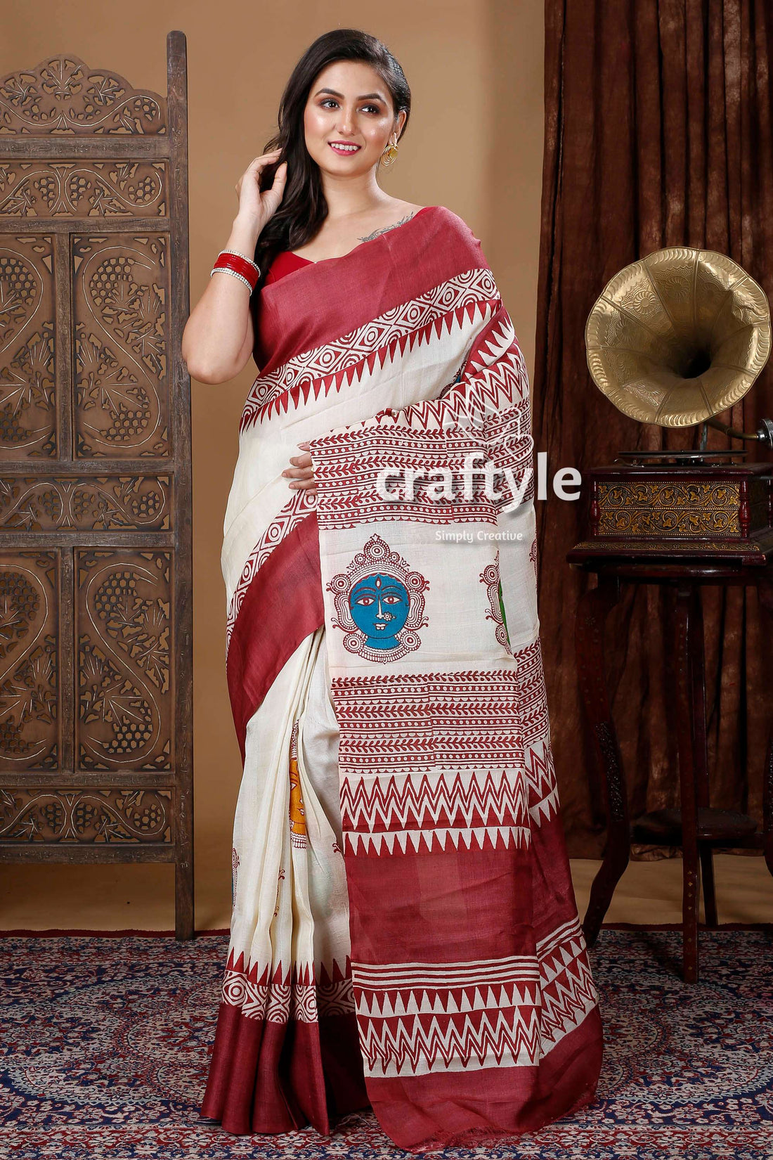 Goddess Motif Berry Red Hand Block Print Pure Tussar Saree - Craftyle