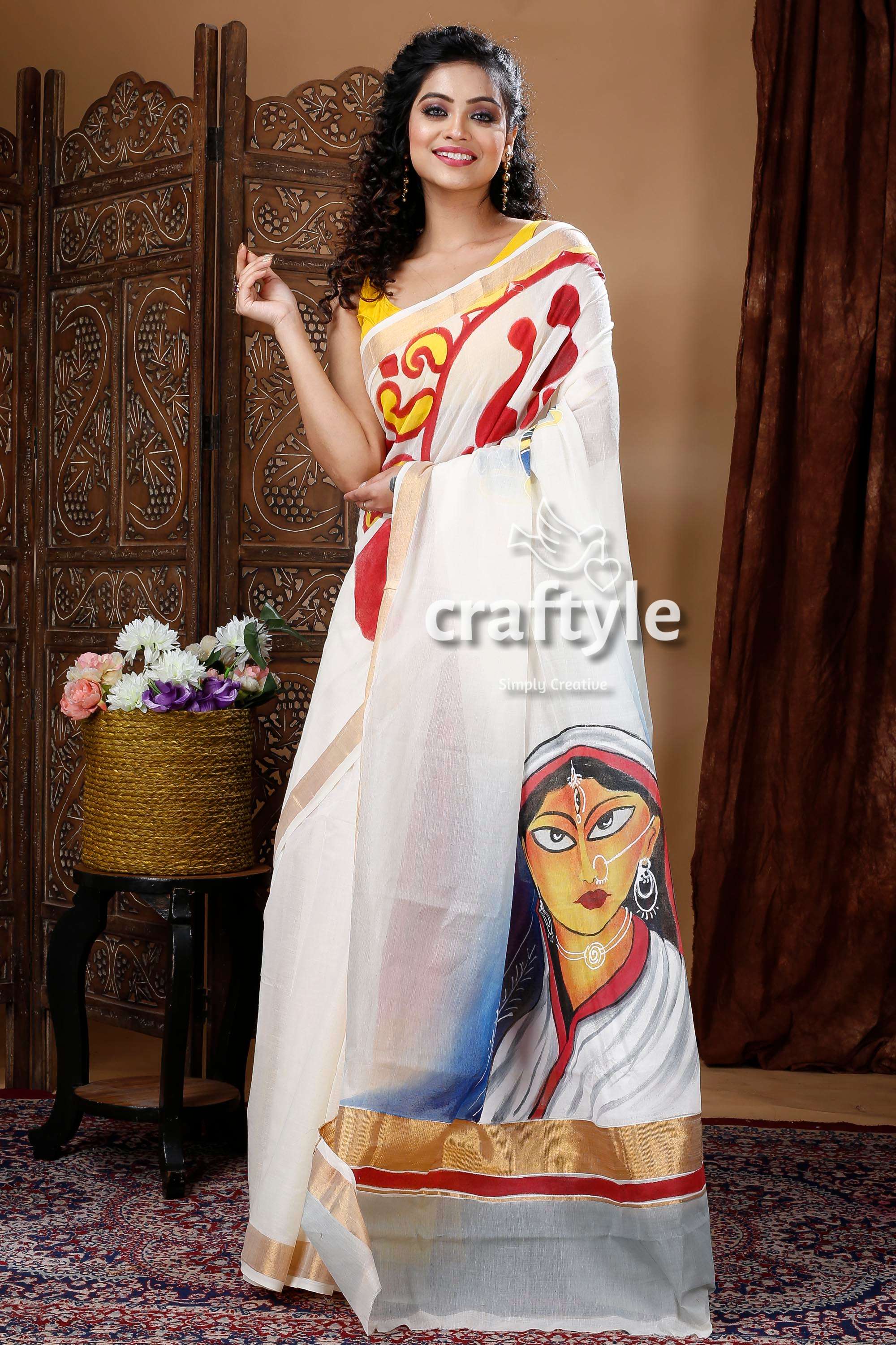 Goddess Motif Hand Painted Kerala Cotton Saree-Craftyle