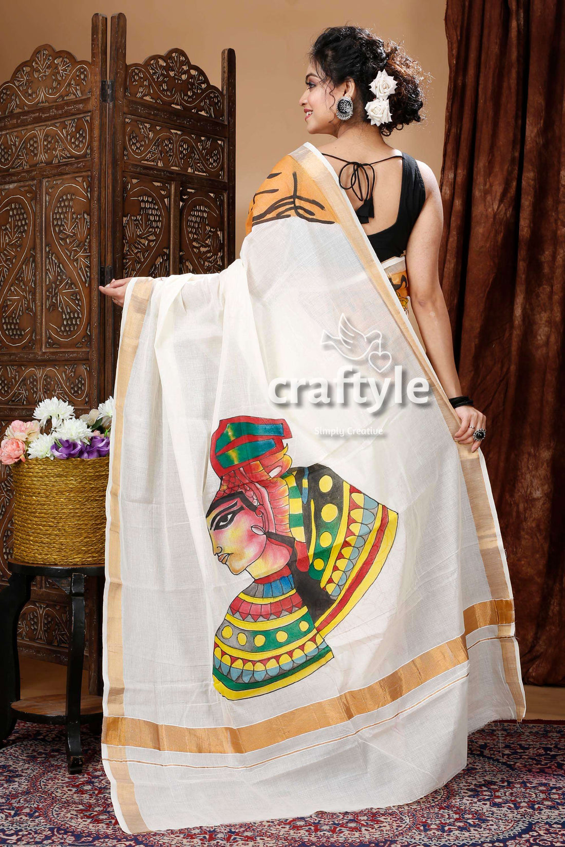 Goddess Motif Unique Hand Painted Kerala Cotton Saree-Craftyle