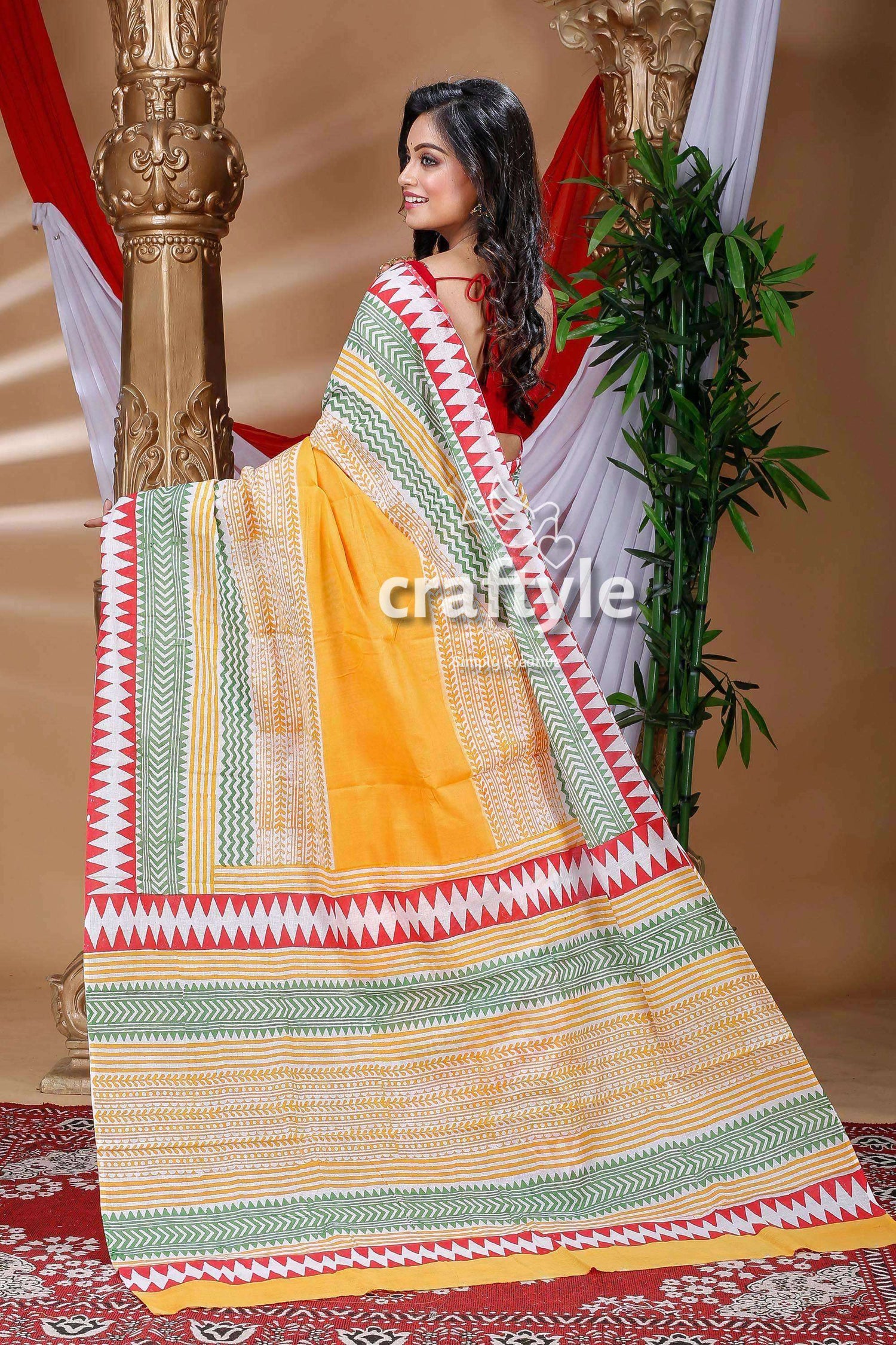 Gold Yellow Hand Block Pure Cotton Saree-Craftyle