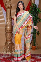 Gold Yellow Hand Block Pure Cotton Saree-Craftyle