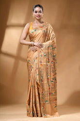 Golden beige handcrafted village theme multicolor silk kantha saree woman wears golden-brown silk saree 1