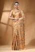 Golden beige handcrafted village theme multicolor silk kantha saree woman wears golden-brown silk saree 1