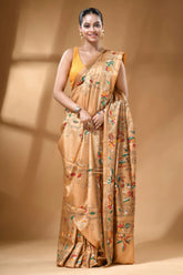 Golden beige handcrafted village theme multicolor silk kantha saree woman wears golden-brown silk saree 5