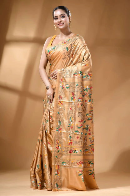 Golden beige handcrafted village theme multicolor silk kantha saree golden silk saree adorned intricate 3