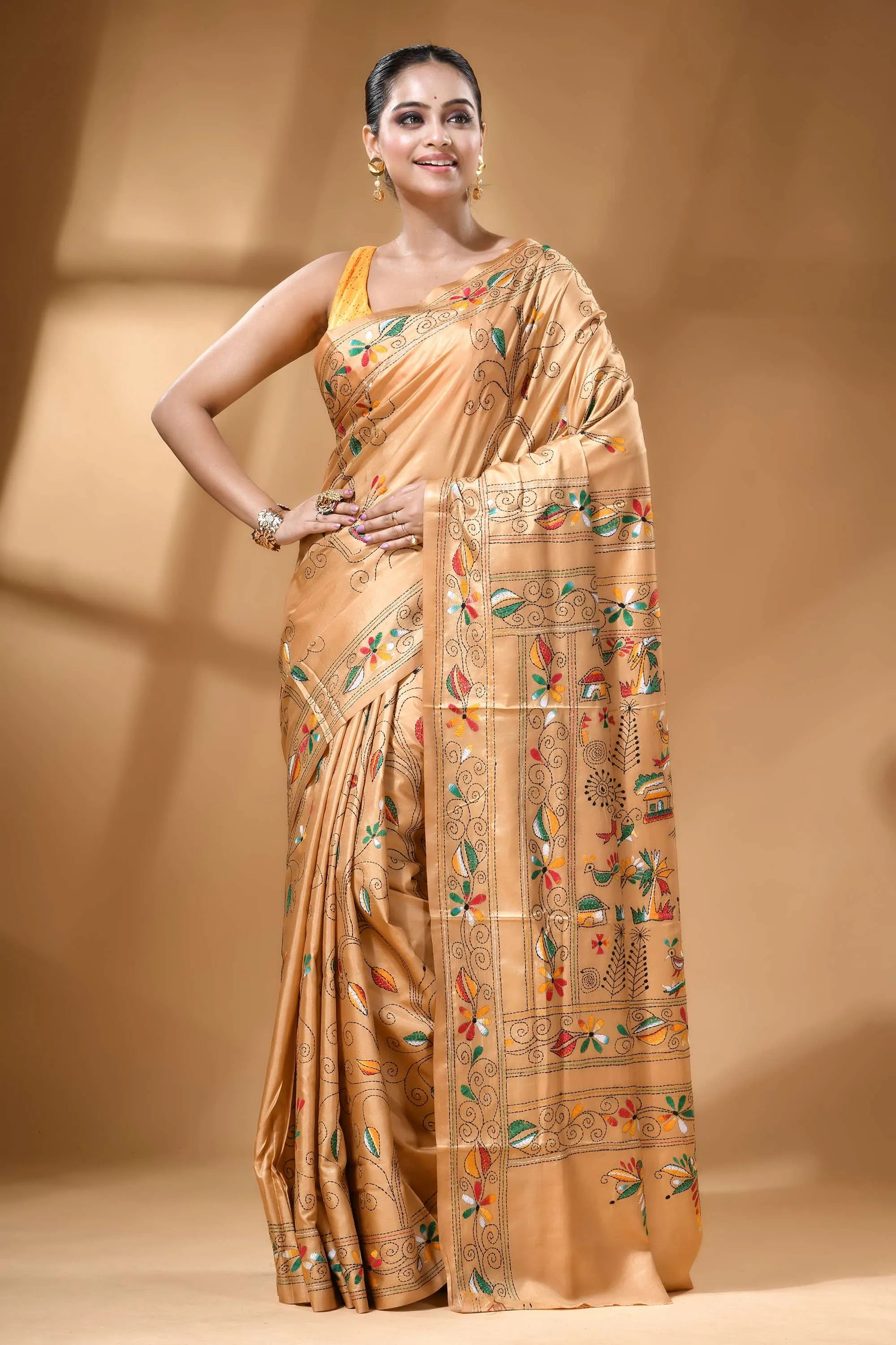 Golden beige handcrafted village theme multicolor silk kantha saree golden silk saree adorned intricate 6