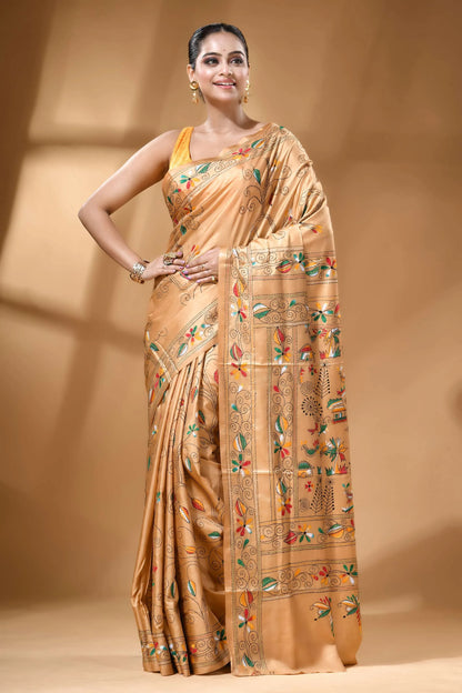 Golden beige handcrafted village theme multicolor silk kantha saree golden silk saree adorned intricate 6
