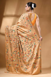 Golden beige handcrafted village theme multicolor silk kantha saree beige silk saree intricate hand-embroidered 4