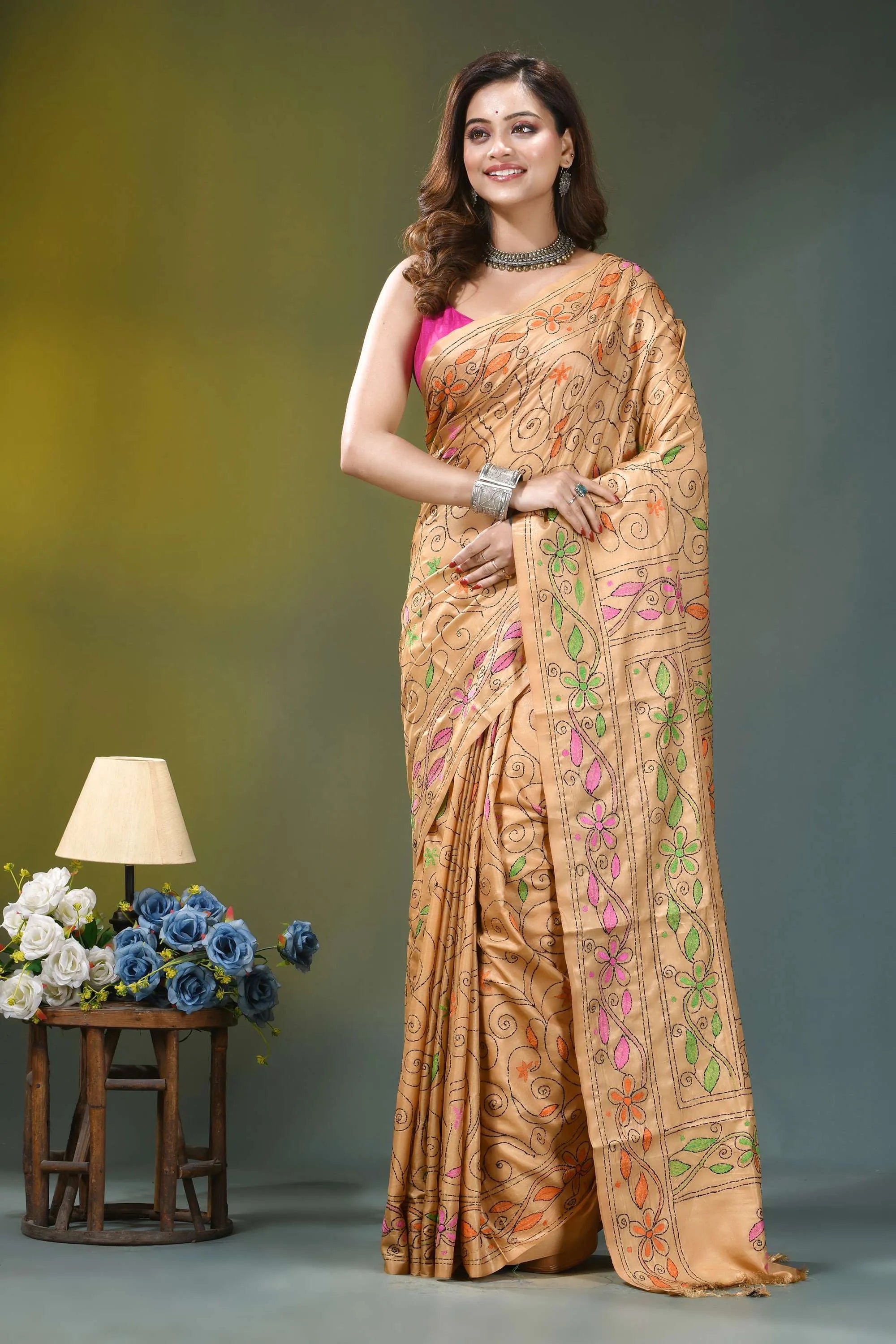 Golden beige multi-thread floral handcrafted kantha silk saree woman wears beige silk saree 6