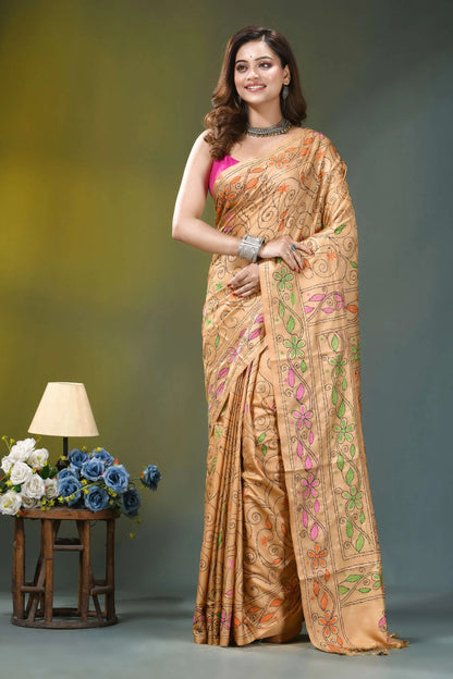 Golden beige multi-thread floral handcrafted kantha silk saree woman wears beige silk saree 6