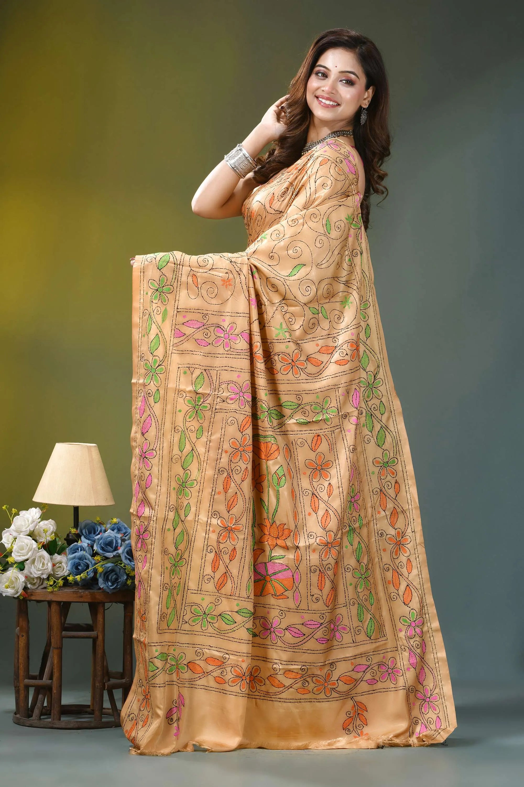 Golden beige multi-thread floral handcrafted kantha silk saree woman wears beige silk saree 4