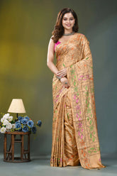 Golden beige multi-thread floral handcrafted kantha silk saree woman wears golden silk saree 1