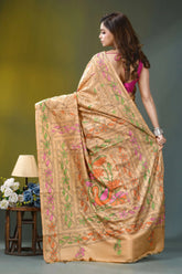 Golden beige multi-thread floral handcrafted kantha silk saree beige silk saree adorned intricate 5