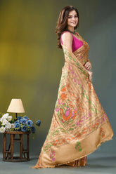 Golden beige multi-thread floral handcrafted kantha silk saree woman wears beige silk saree 3
