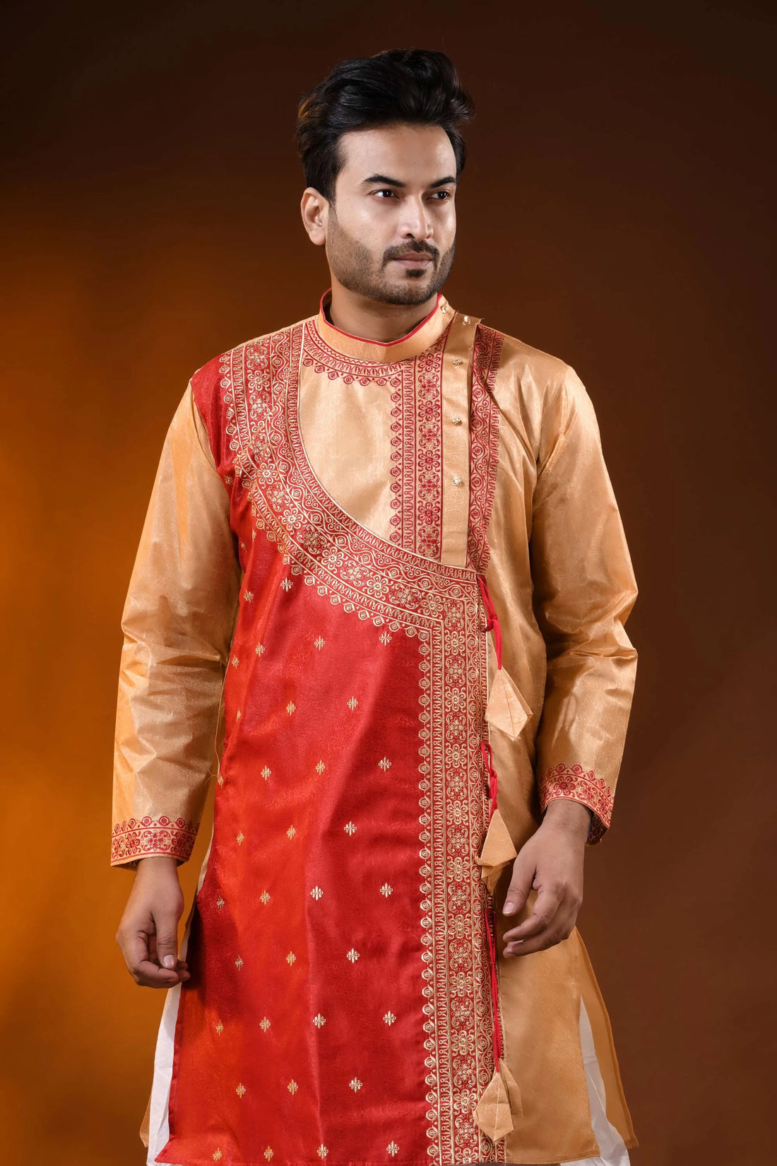Golden beige red semi tussar embroidery punjabi for men - ethnic design 2