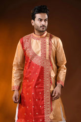 Golden beige red semi tussar embroidery punjabi for men - ethnic design 2