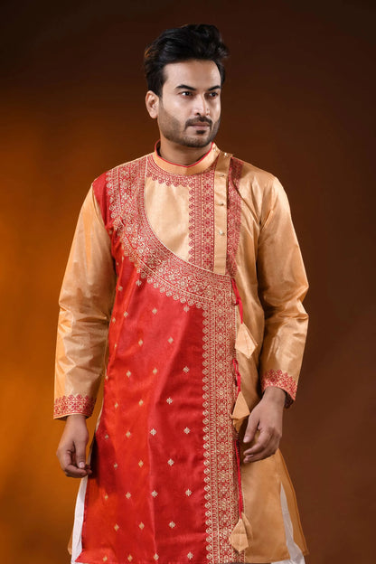 Golden beige red semi tussar embroidery punjabi for men - ethnic design 2