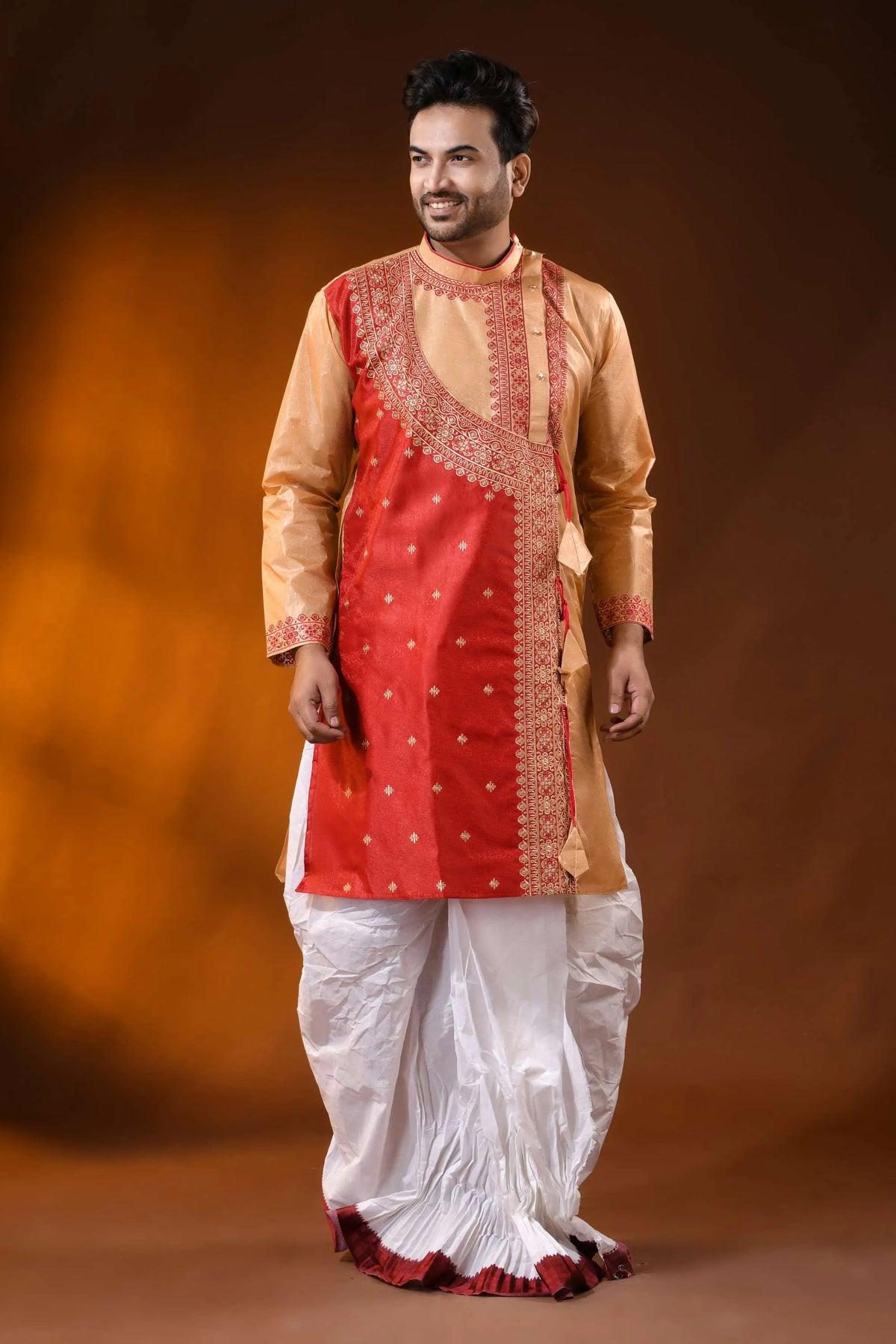 Golden beige red semi tussar embroidery punjabi for men - ethnic design 1