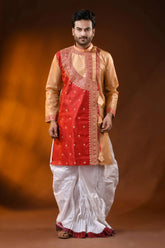 Golden beige red semi tussar embroidery punjabi for men - ethnic design 6