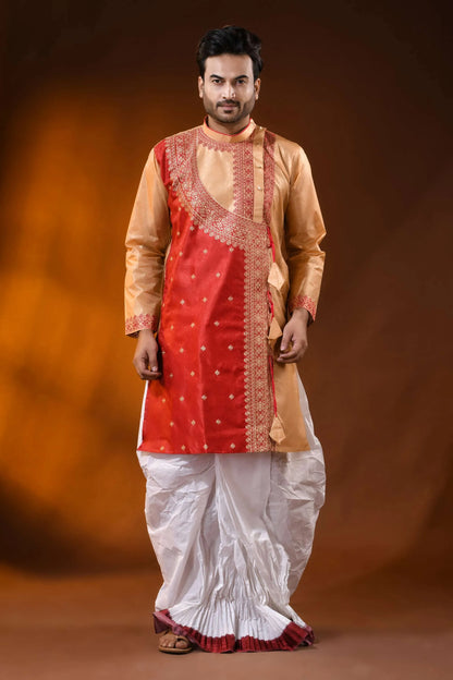 Golden beige red semi tussar embroidery punjabi for men - ethnic design 6