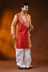 Golden beige red semi tussar embroidery punjabi for men - ethnic design 3
