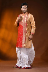 Golden beige red semi tussar embroidery punjabi for men - ethnic design 4