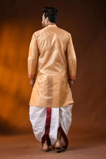 Golden beige red semi tussar embroidery punjabi for men - ethnic design 5